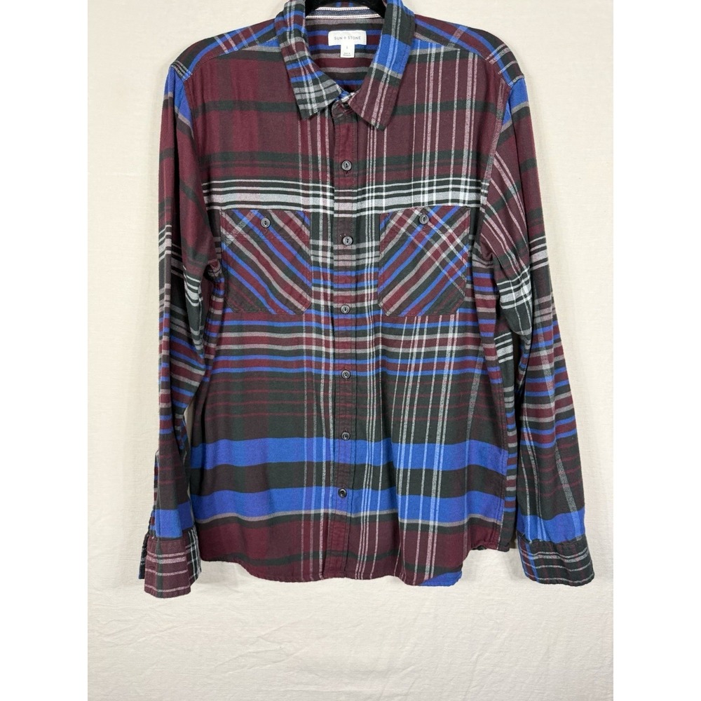 Sun + Stone Mens Plaid Flannel Shirt Large Red Blue Green Button Up Cotton